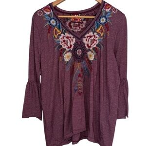 Johnny Was shirt 1x floral Embroidered Purple boho hippie peasant bell sleeve